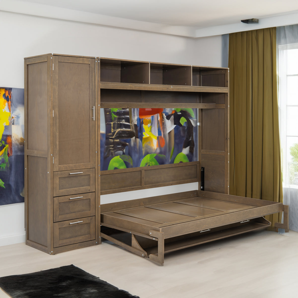 Full Size Murphy Bed with Wardrobe, Drawers and Open Shelves, Antique Grey - V.I.P Digital Presence