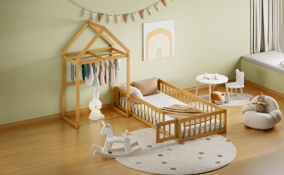 Wooden Twin Size Children's Bed with Detachable Headboard and Integrated Clothes Drying Rack, Natural - V.I.P Digital Presence