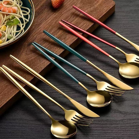 Stainless Steel Cutlery Set with Portuguese Gold Spray Painted Steak Knife, Fork, Spoon, and Tea Spoon 4-Piece Gift Pack - V.I.P Digital Presence