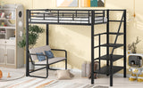 Twin Size Metal Loft Bed with Bench and Storage Staircase  Black