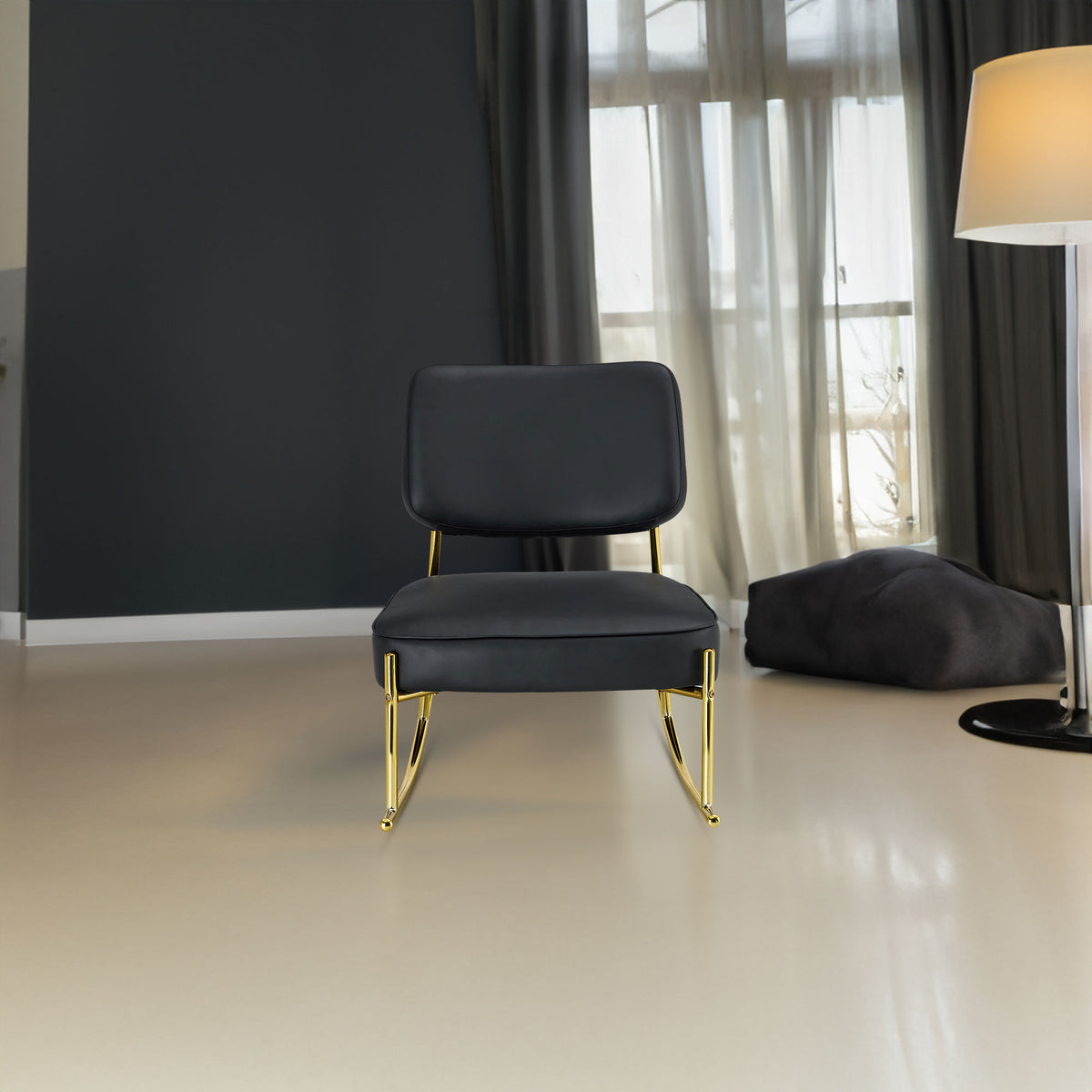 PU material cushioned rocking chair unique rocking chair cushioned seat black backrest rocking chair and gold metal legs