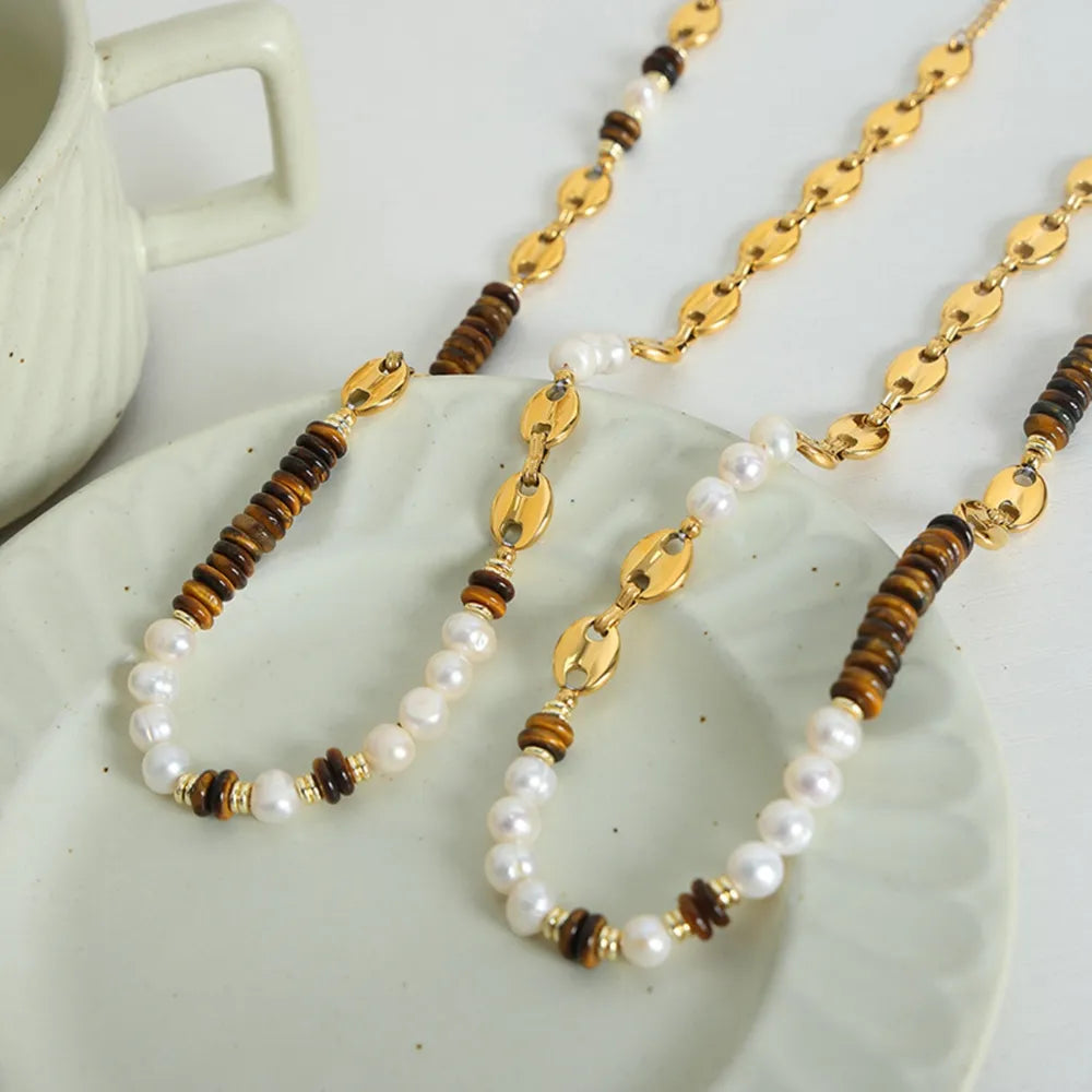 Versatile Light Luxury Titanium Steel Freshwater Pearl Tiger Eye Stone Pig Nose Chain Necklace Jewelry for Women - V.I.P Digital Presence