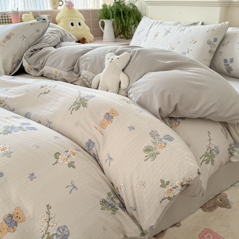 Double Gauze Four-Piece Set Jacquard Small Bamboo Cotton Three-Piece Set Student Dormitory INS Fresh Floral Bedding - V.I.P Digital Presence