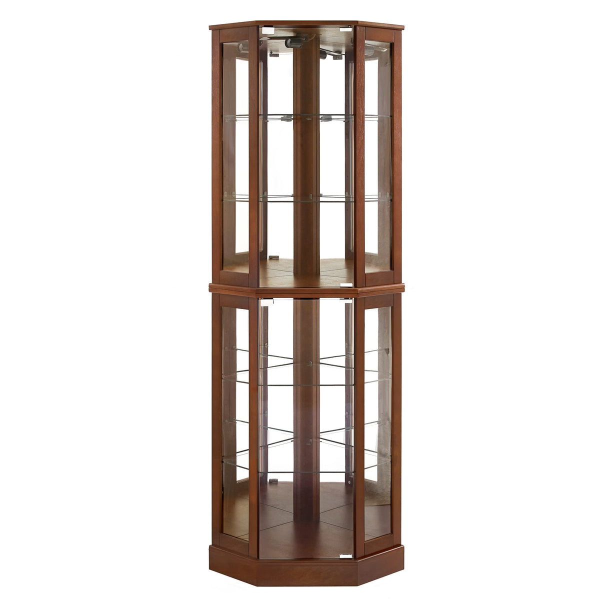 6 shelves corner Curio display cabinet with light mirror and adjustable shelves, walnut wood (excluding E26 light bulbs) - V.I.P Digital Presence