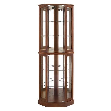 6 shelves corner Curio display cabinet with light mirror and adjustable shelves, walnut wood (excluding E26 light bulbs) - V.I.P Digital Presence