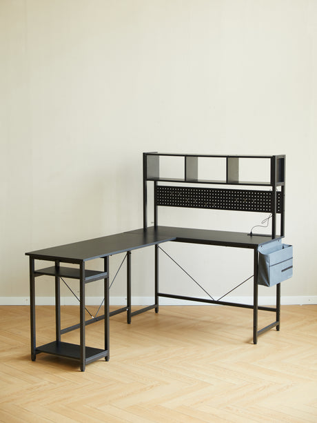 94.5 Inch Home Office Desk L shape gaming desk with LED storage Shelves METAL PANNEL and stool (BLACK) - V.I.P Digital Presence