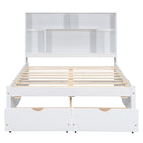 Full Size Platform Bed with Storage Headboard and 2 Drawers, White - V.I.P Digital Presence