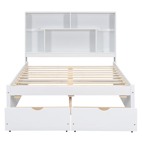 Full Size Platform Bed with Storage Headboard and 2 Drawers, White - V.I.P Digital Presence