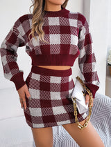 Plaid Knit Top & Skirt Sweater Set