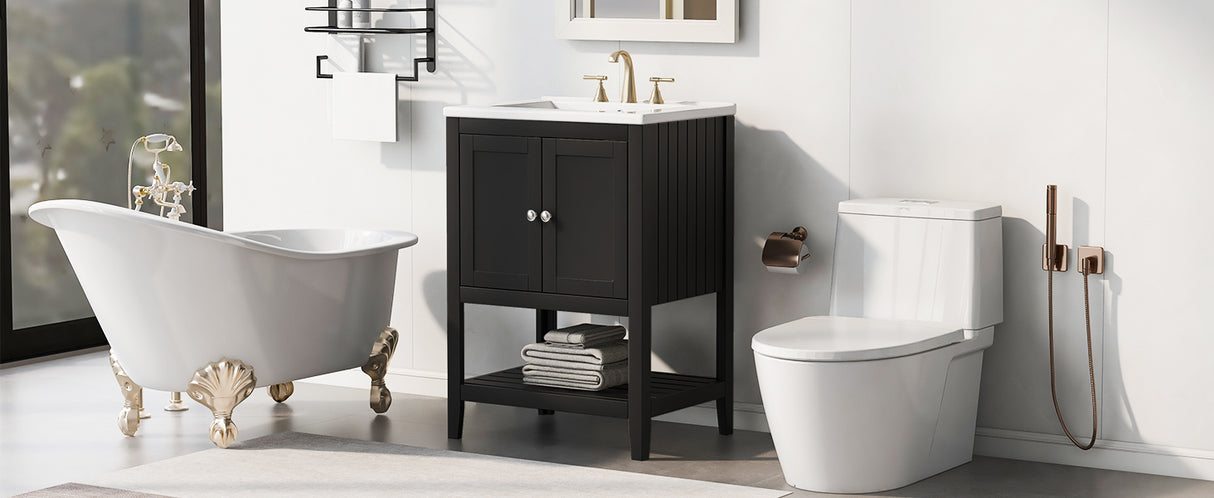 24" Black Modern Sleek Bathroom Vanity Elegant Ceramic Sink with Solid Wood Frame Open Style Shelf - V.I.P Digital Presence