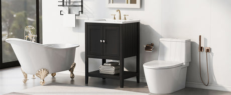 24" Black Modern Sleek Bathroom Vanity Elegant Ceramic Sink with Solid Wood Frame Open Style Shelf - V.I.P Digital Presence