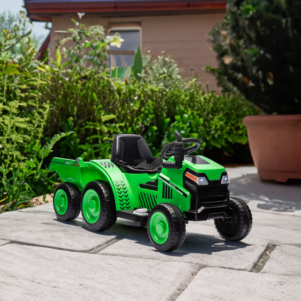 12V children ride the electric tractor "Black Knight" with a detachable storage tugboat and power display screen. - V.I.P Digital Presence