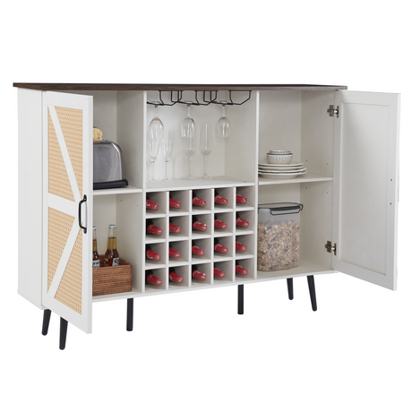White Faux Rattan Barn Door Wine Cabinet with Wine Rack and Wine Glass Rack, Double Door Design with Removable Shelves - V.I.P Digital Presence