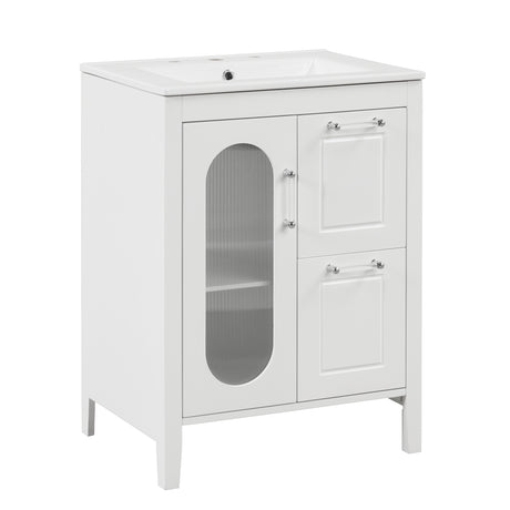 24" Bathroom Vanity with Sink, Bathroom Vanity Cabinet with Two Drawers and Door, Adjustable Shelf, Solid Wood and MDF, White - V.I.P Digital Presence