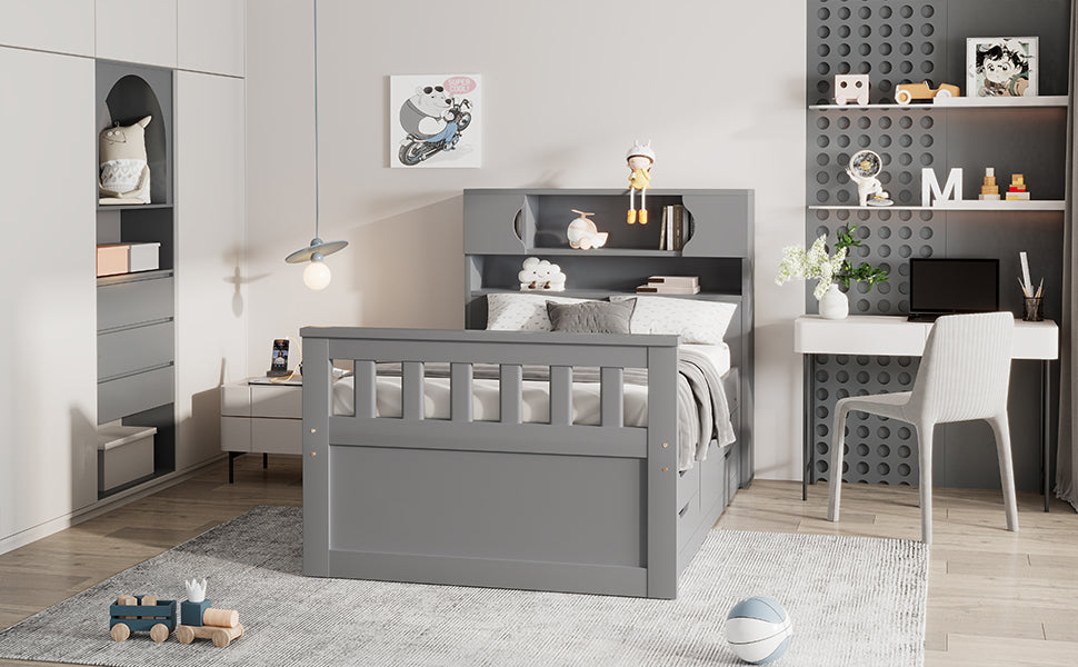 Twin Size Captain Platform Bed Frame with Storage Bookcases and Shelves,Four Drawers, Gray - V.I.P Digital Presence