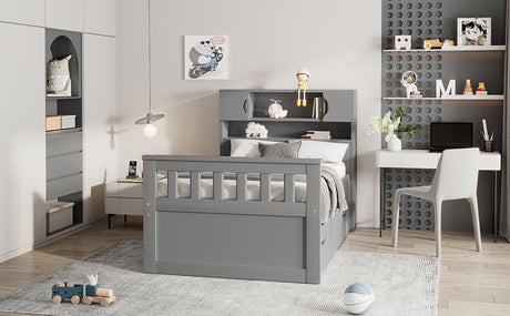 Twin Size Captain Platform Bed Frame with Storage Bookcases and Shelves,Four Drawers, Gray - V.I.P Digital Presence