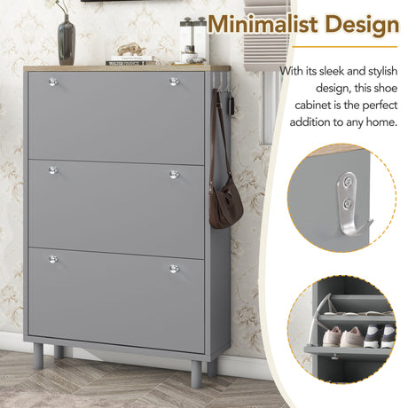 ON-TRANS narrow design shoe cabinet with 3 flip drawers and 3 independent shoe racks with 3 hooks, gray - V.I.P Digital Presence