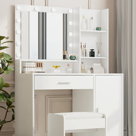 Large drawer with mirror and light, three-layer storage vanity, adjustable brightness for 3 lighting modes (white with stool) - V.I.P Digital Presence