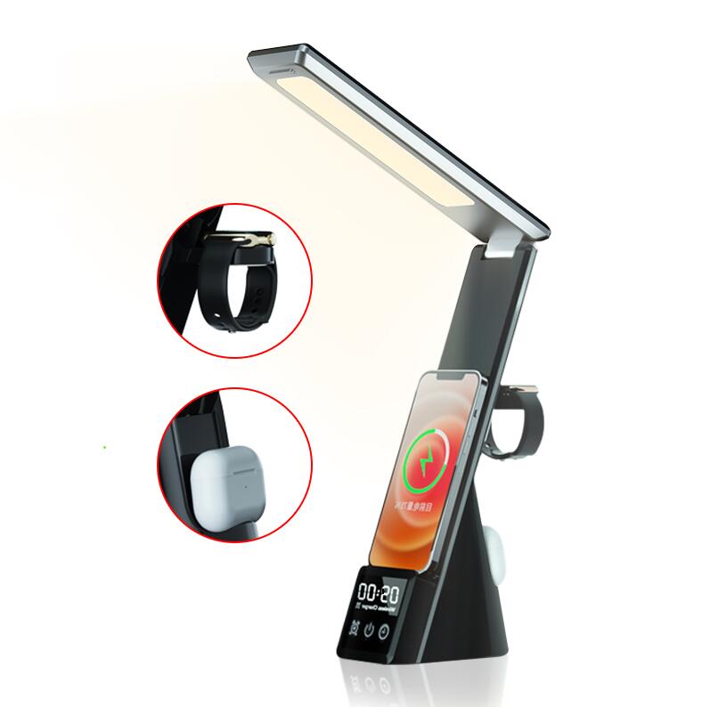 Lámpara de mesa multifunción con reloj, práctico cargador rápido tres en uno para teléfono móvil, reloj, auriculares y carga inalámbrica. 