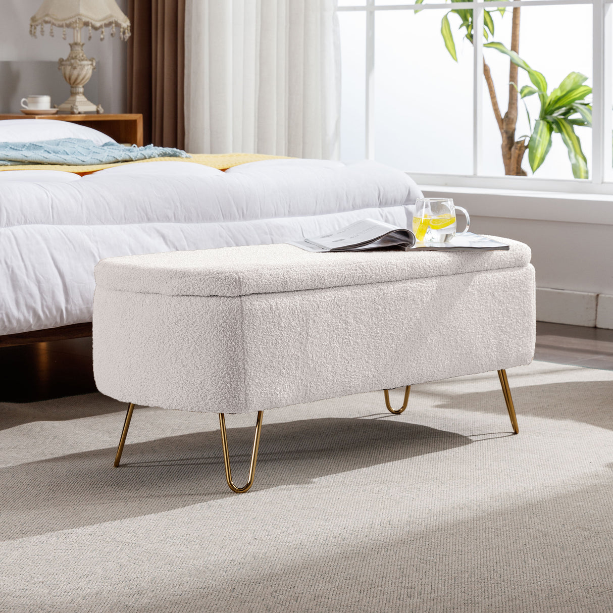 Ivory White Storage Ottoman Bench for End of Bed Gold Legs - V.I.P Digital Presence