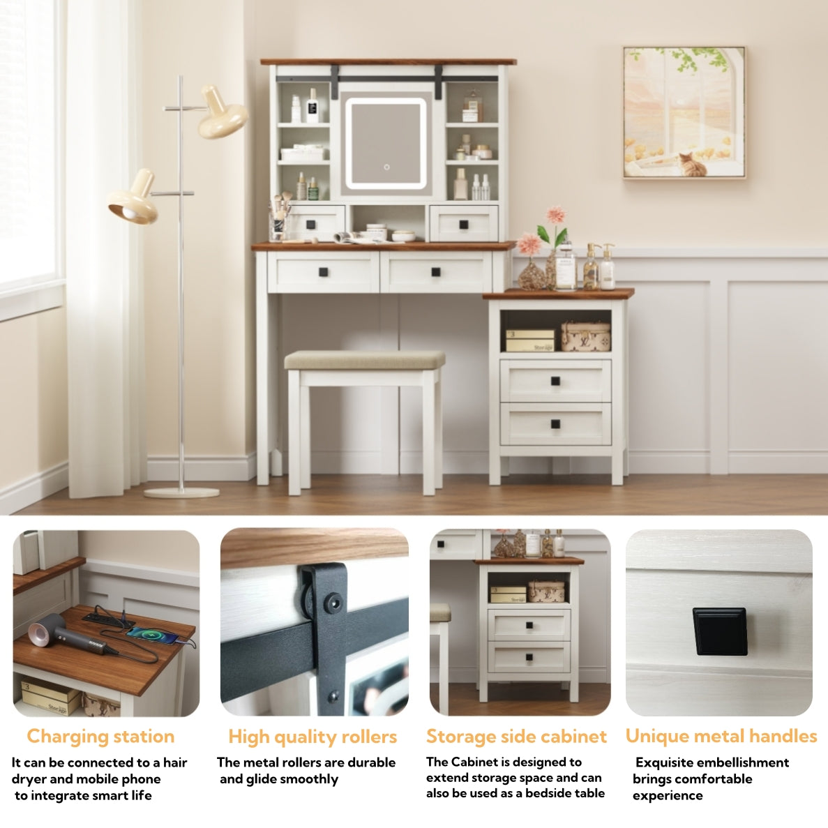 46.5-inch dressing table with adjustable LED lighting mirror and charging station, equipped with soft cushioned stool - V.I.P Digital Presence