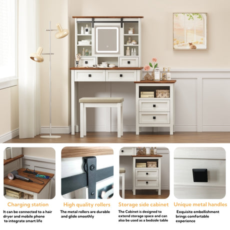 46.5-inch dressing table with adjustable LED lighting mirror and charging station, equipped with soft cushioned stool - V.I.P Digital Presence