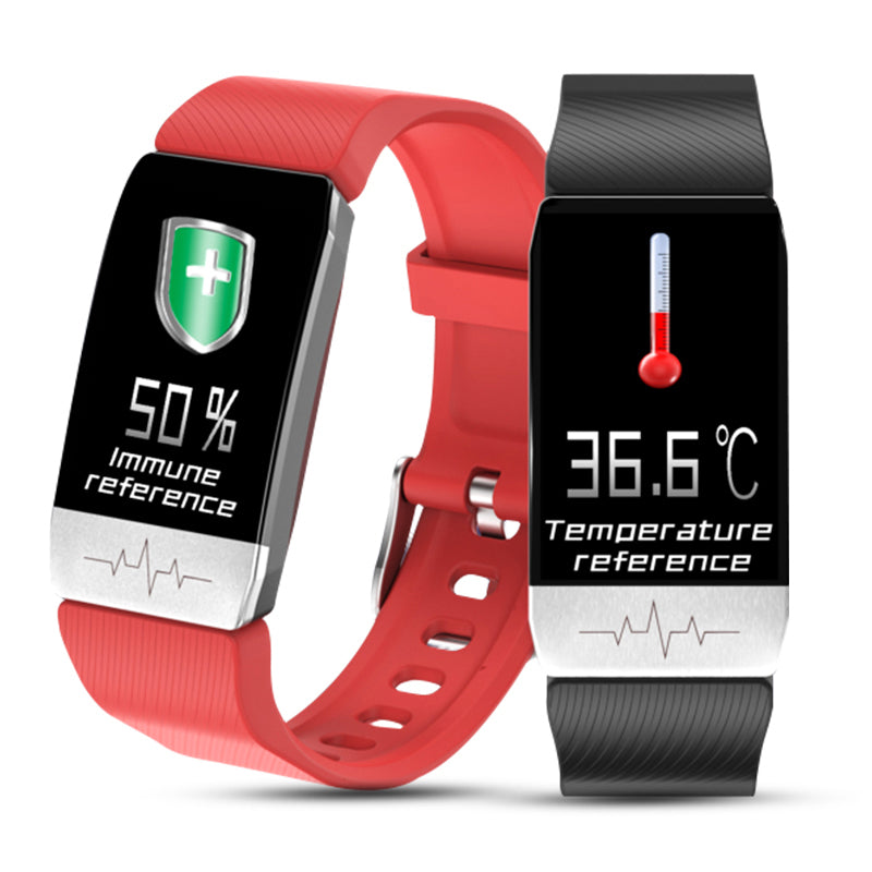 Reloj inteligente T1 con control de temperatura, inmunidad, ECG, frecuencia cardíaca, monitor de presión arterial, pronóstico del tiempo y recordatorio de bebidas. 