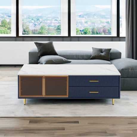 Modern Navy Blue Coffee Table with 2 Glass Door Storage, 4 Drawers, Gold Metal Legs, and Multi-Color Lighting in 47.2'' - V.I.P Digital Presence
