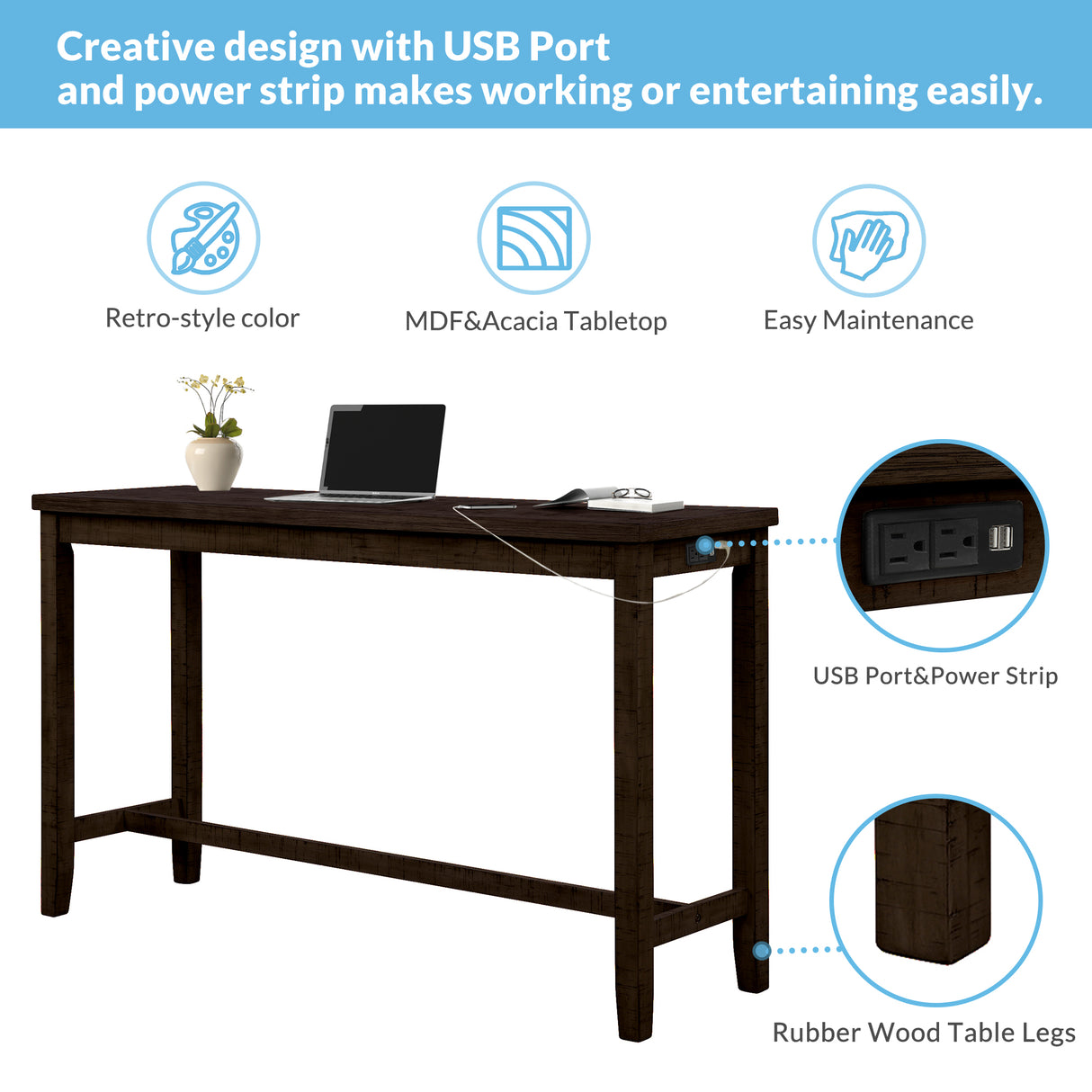 TOPMAX 4 Pieces Counter Height Table with Fabric Padded Stools, Rustic Bar Dining Set with Socket, Brown - V.I.P Digital Presence