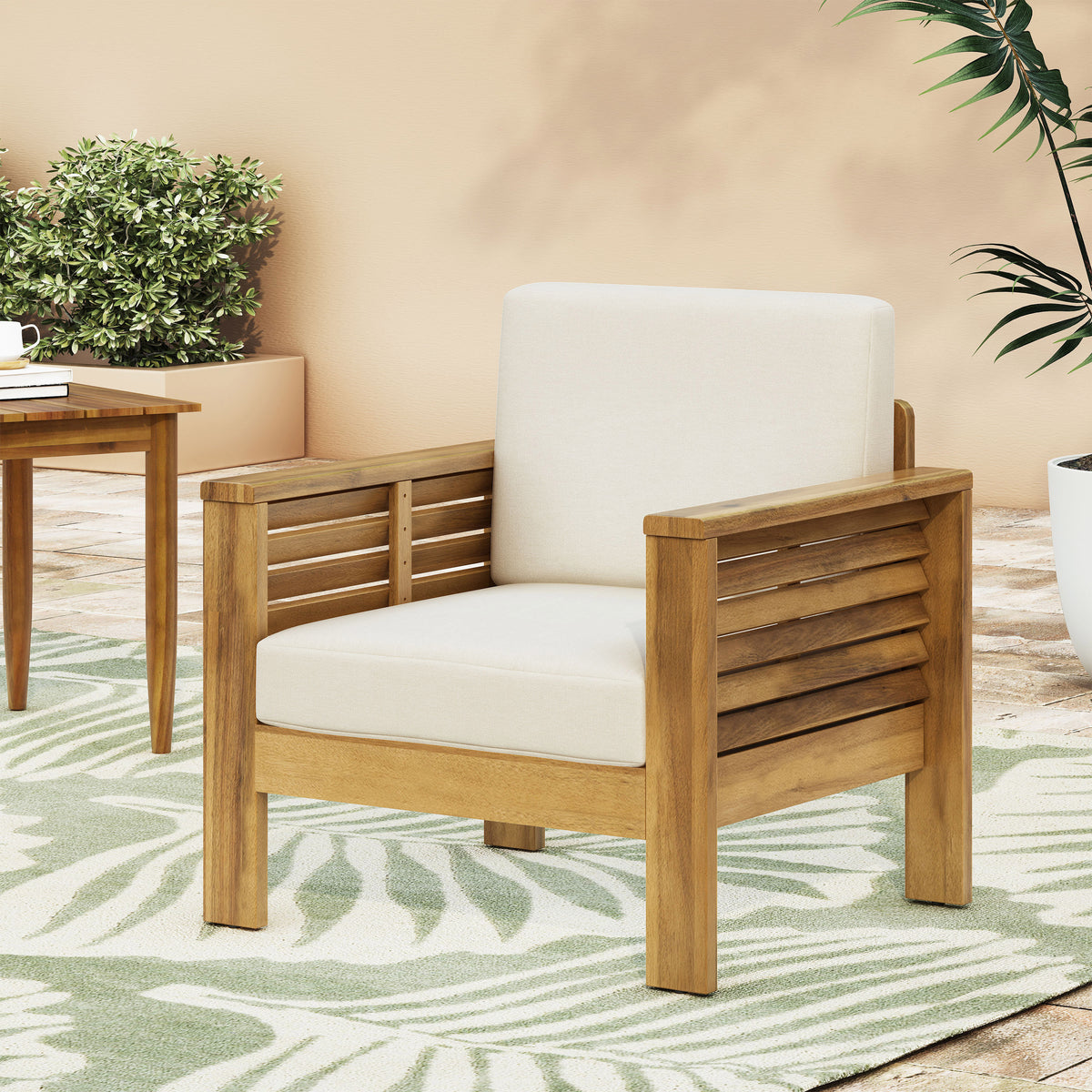 Outdoor Acacia Wood Club Chairs with Cushions, Teak+Beige, 27.75"D x 32"W x 27.75"H - V.I.P Digital Presence