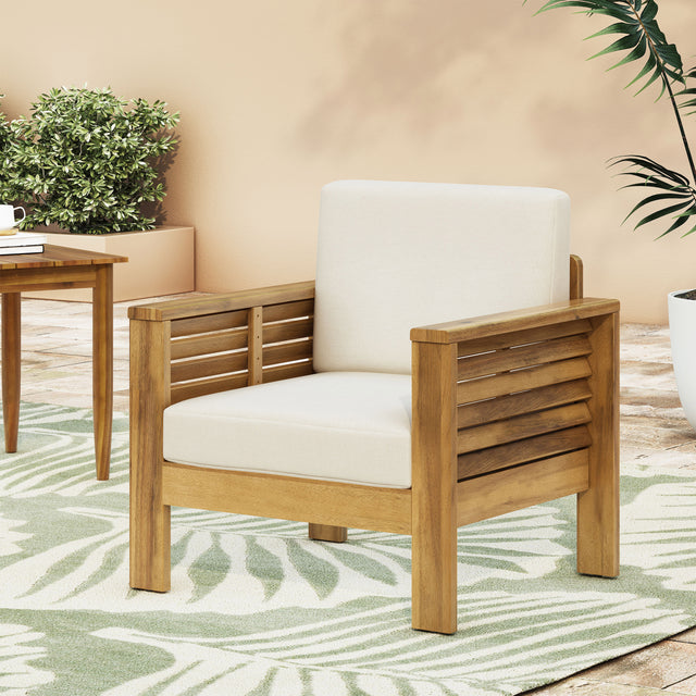 Outdoor Acacia Wood Club Chairs with Cushions, Teak+Beige, 27.75"D x 32"W x 27.75"H - V.I.P Digital Presence