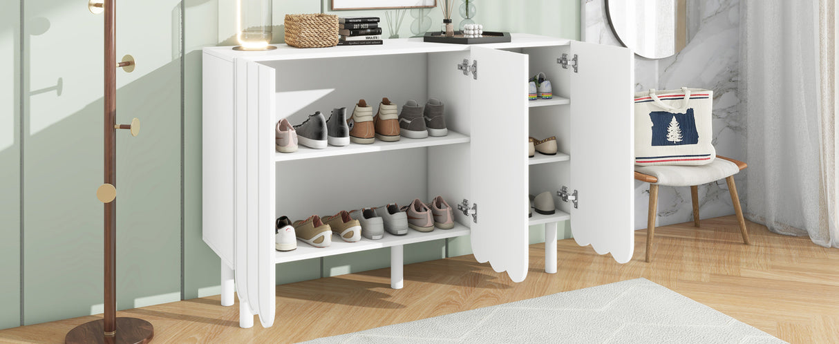 ON-TRANS Cream Style Shoe Cabinet with 5 Adjustable Solid Wood Legs, Large Storage Cabinet with Wave Doors, White - V.I.P Digital Presence