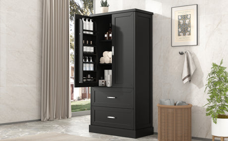 Tall Bathroom Storage Cabinet, Cabinet with Two Doors and Drawers, Adjustable Shelf, MDF Board, Black - V.I.P Digital Presence