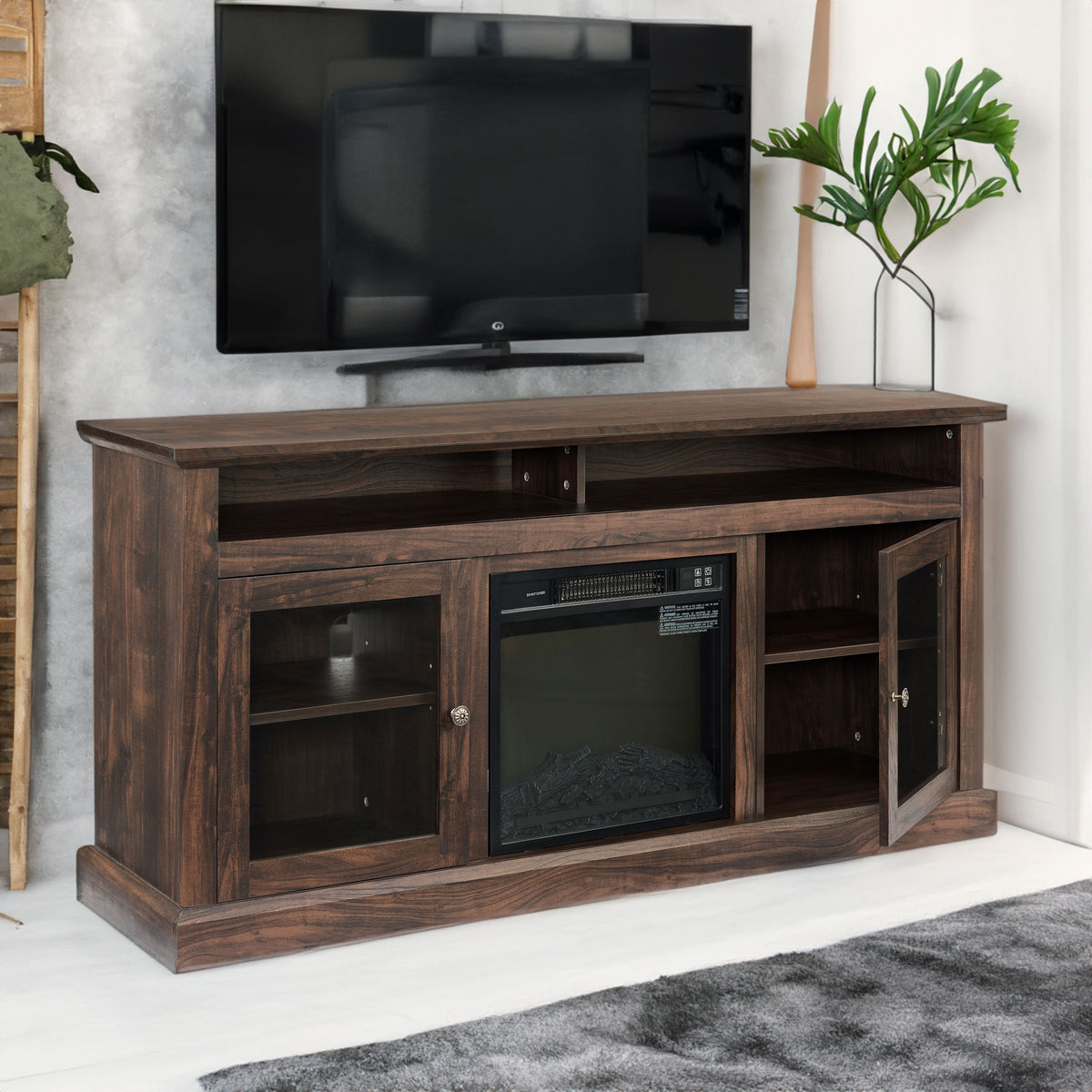 Contemporary TV Media Stand Modern Entertainment Console with 18" Fireplace Insert for TV Up to 65" with Open - V.I.P Digital Presence
