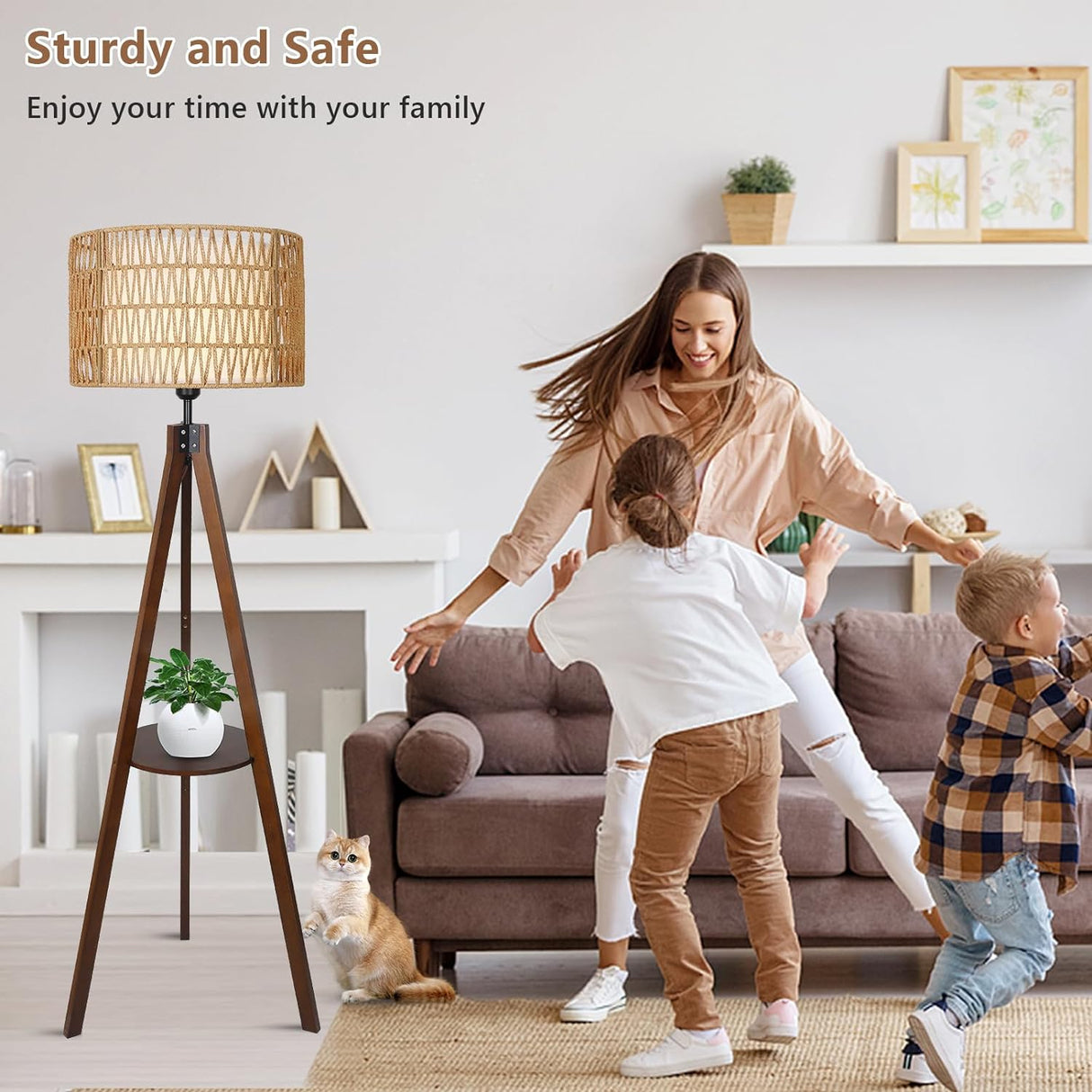 Boho Tripod Floor Lamp with Shelves, Mid Century Wood Standing Lamp with Rattan & Fabric Shades, ON/Off Foot Switch Office - V.I.P Digital Presence