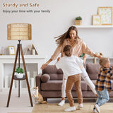 Boho Tripod Floor Lamp with Shelves, Mid Century Wood Standing Lamp with Rattan & Fabric Shades, ON/Off Foot Switch Office - V.I.P Digital Presence