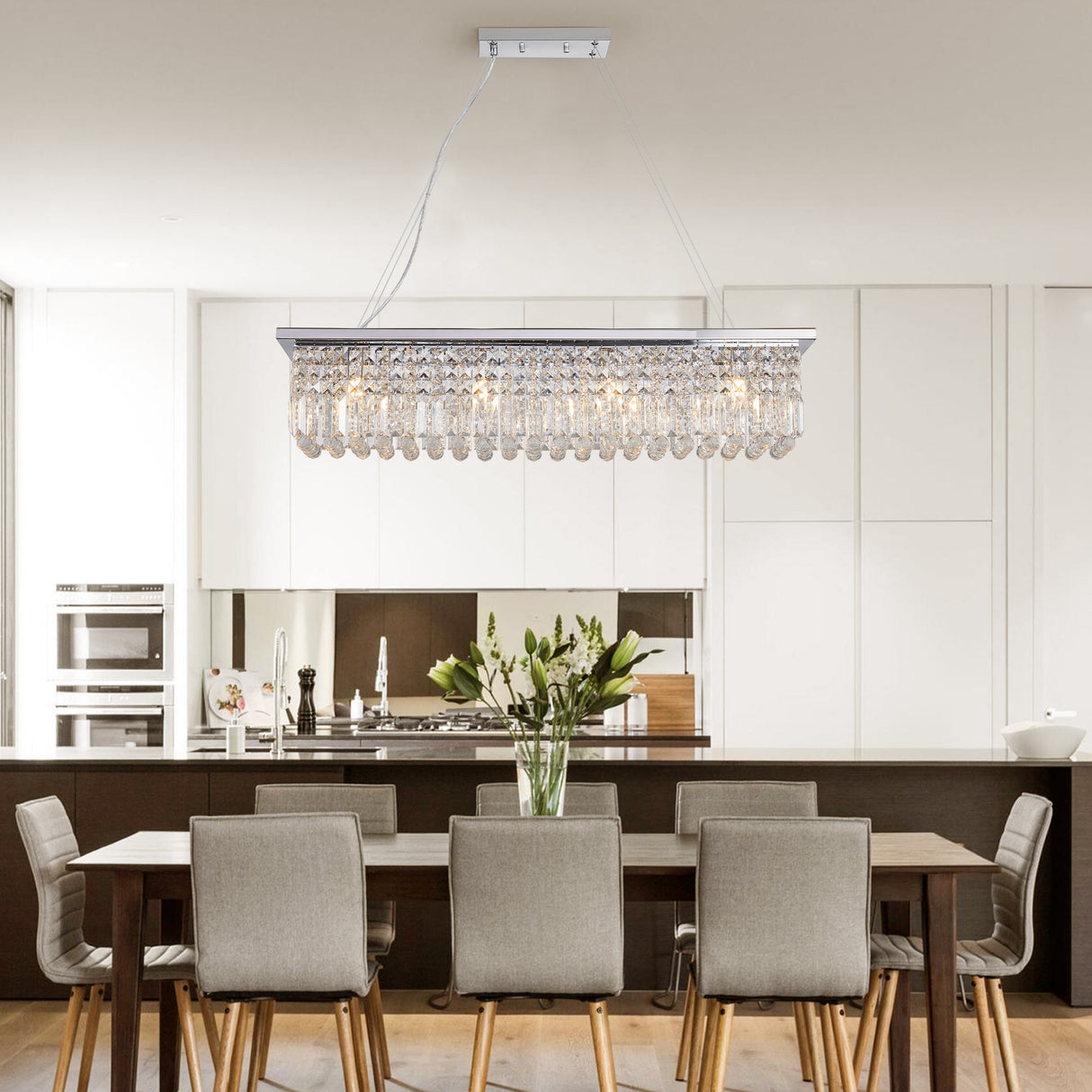 Modern Crystal Chandelier for Dining Room 8-Light White Rectangle Raindrop L39.4'' x W9.8'' x H8.7'(Bulb Not Included) - V.I.P Digital Presence