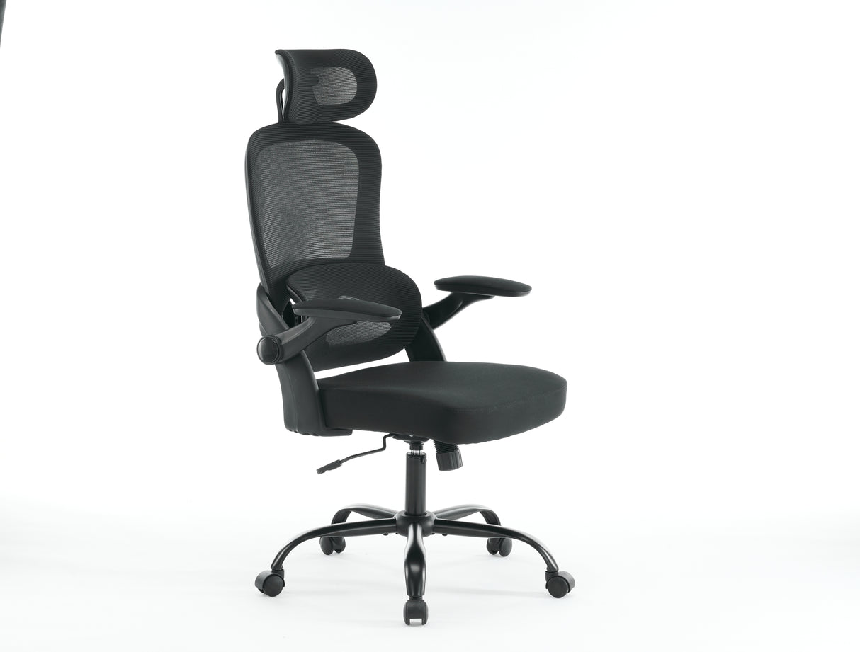 High backrest mesh office chair with 3D armrests, rotating computer task chair with adjustable 2D headrest, tilt function black - V.I.P Digital Presence