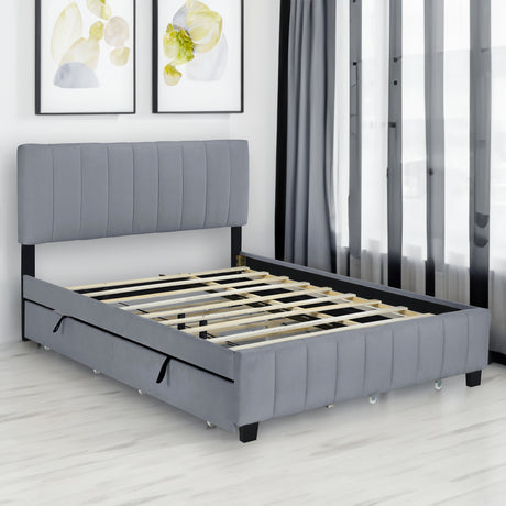 Queen Size Velvet Upholstered Platform Bed with 2 Drawers and 1 Twin XL Trundle- Gray - V.I.P Digital Presence