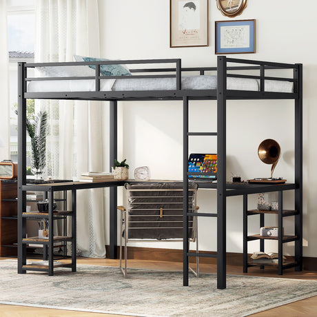 Full metal loft bed with desk and shelf, loft bed with ladder and guardrail, bedroom loft bed frame, black - V.I.P Digital Presence