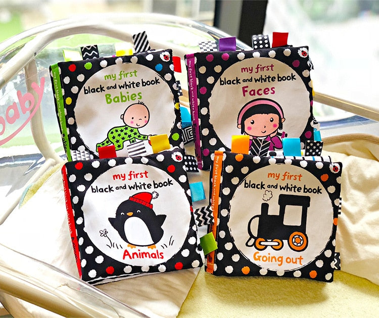 Libro de tela LakaRose Baby con etiqueta en blanco y negro, libros de educación temprana para recién nacidos y bebés, libros de tela tranquilos 