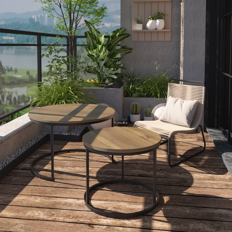 A set of nested coffee tables, 27.6-inch round coffee table, industrial wood veneer, with sturdy metal frame (brown) - V.I.P Digital Presence