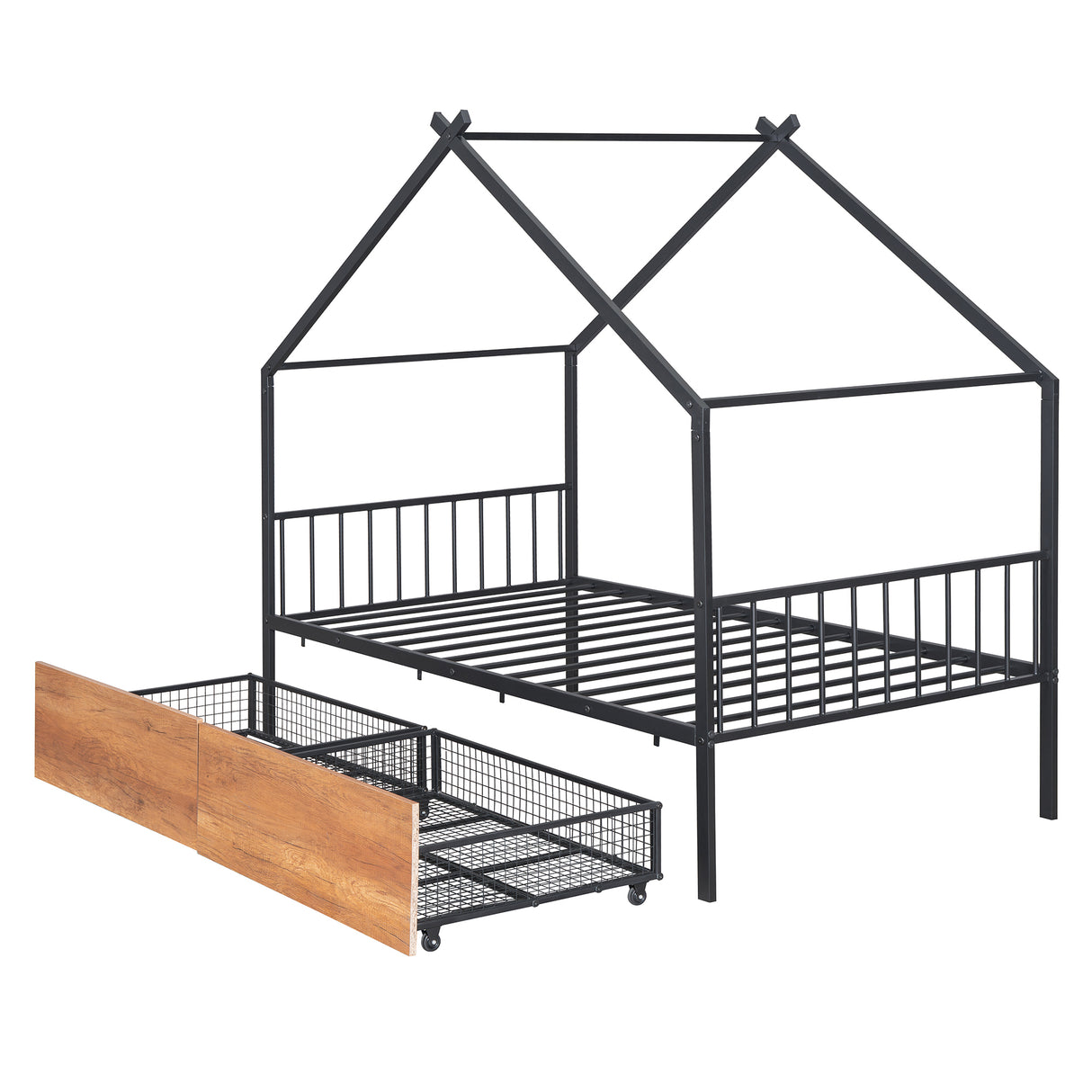 Twin Size Metal House Bed with Two Drawers, Black - V.I.P Digital Presence