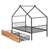 Twin Size Metal House Bed with Two Drawers, Black - V.I.P Digital Presence