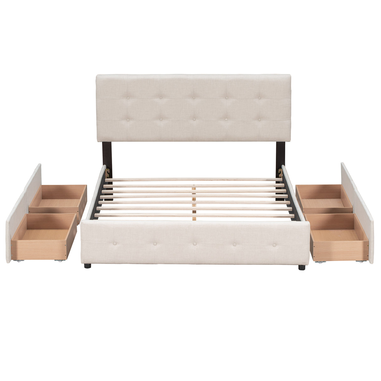 Upholstered Platform Bed with Classic Headboard and 4 Drawers No Box Spring Needed Linen Fabric Queen Size Beige - V.I.P Digital Presence