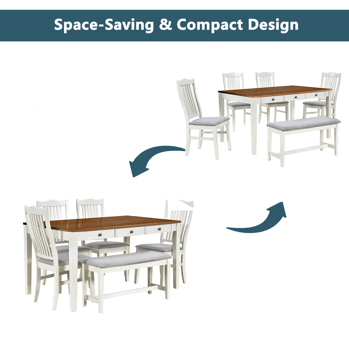 TOPMAX Mid-Century 6-Piece Wood Dining Table Set, Kitchen Table Set with Drawer  Upholstered Chairs and Bench  Butter Milk