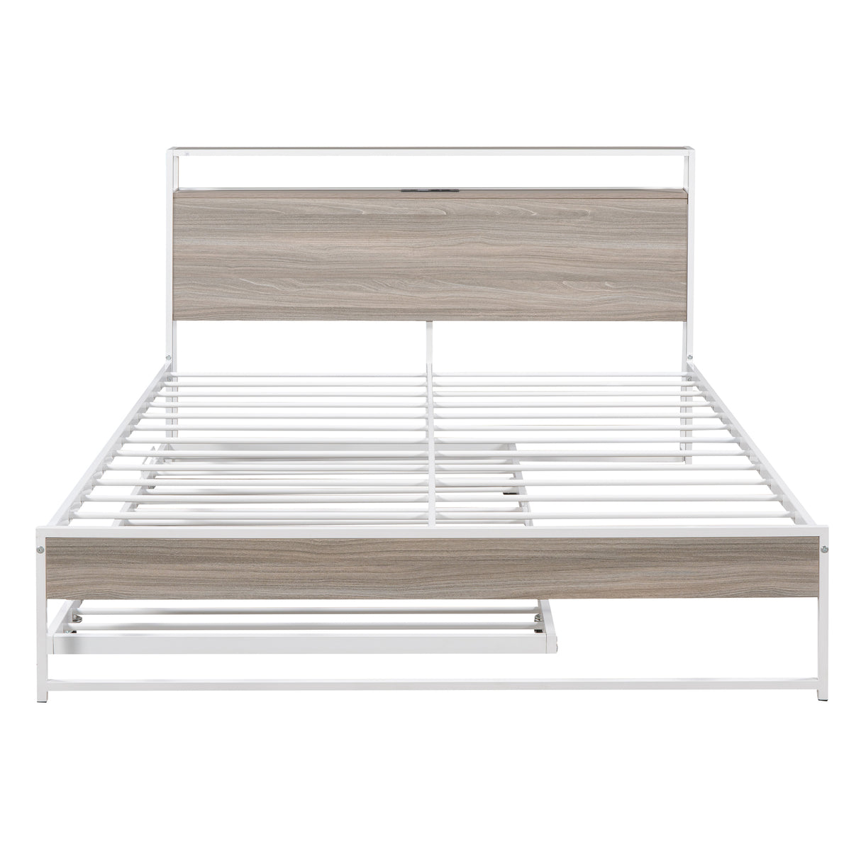 Queen Size Metal Platform Bed Frame with Trundle, USB Ports and Slat Support ,No Box Spring Needed White - V.I.P Digital Presence