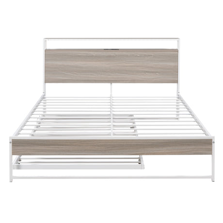 Queen Size Metal Platform Bed Frame with Trundle, USB Ports and Slat Support ,No Box Spring Needed White - V.I.P Digital Presence