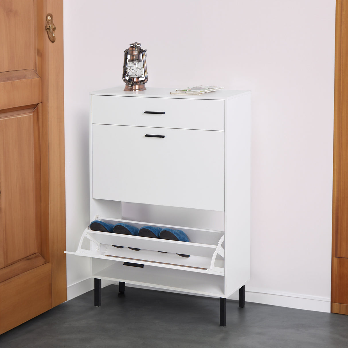 Independent shoe rack storage box with drawers and metal legs, modern shoe cabinet with 2 flippable drawers - V.I.P Digital Presence