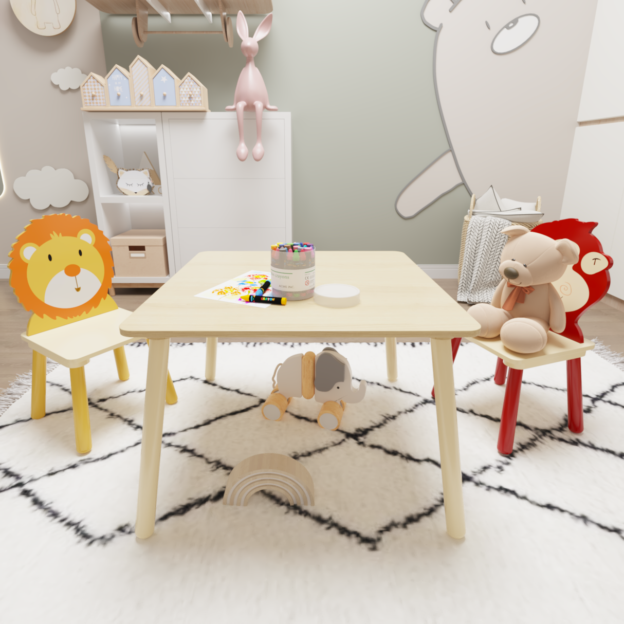 Kids Table and 2 Chairs Set 3 Pieces Toddler Table and Chair Set Wooden Activity Play Table Set (Lion&Monkey) - V.I.P Digital Presence